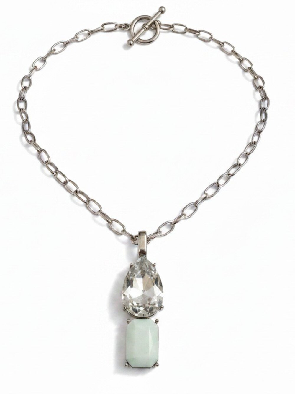 Vintage Stainless Steel Link Chain with Pale Blue Crystal Resin Pendant 18"